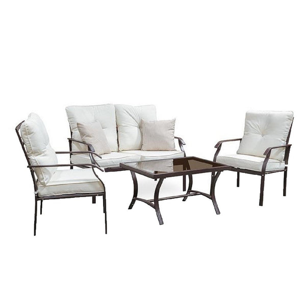 Relo 4pc Outdoor Conversation Set with Loveseat Chairs and Table, 2 Beige Pillows, Black - BM339351