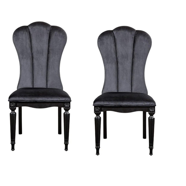 Hixe Side Dining Chair Set of 2, Scalloped, Turned Fluted Wood Legs, Black - BM339365