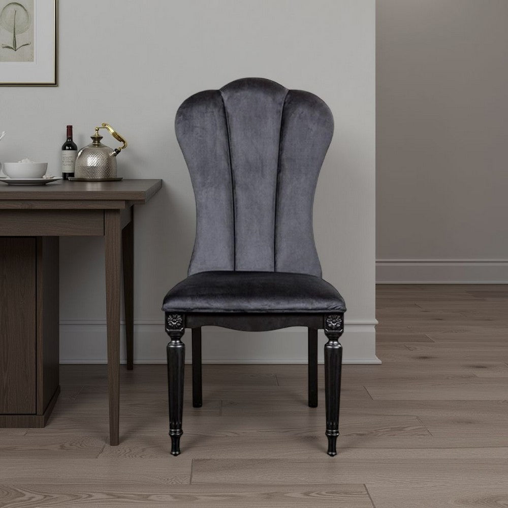 Hixe Side Dining Chair Set of 2, Scalloped, Turned Fluted Wood Legs, Black - BM339365