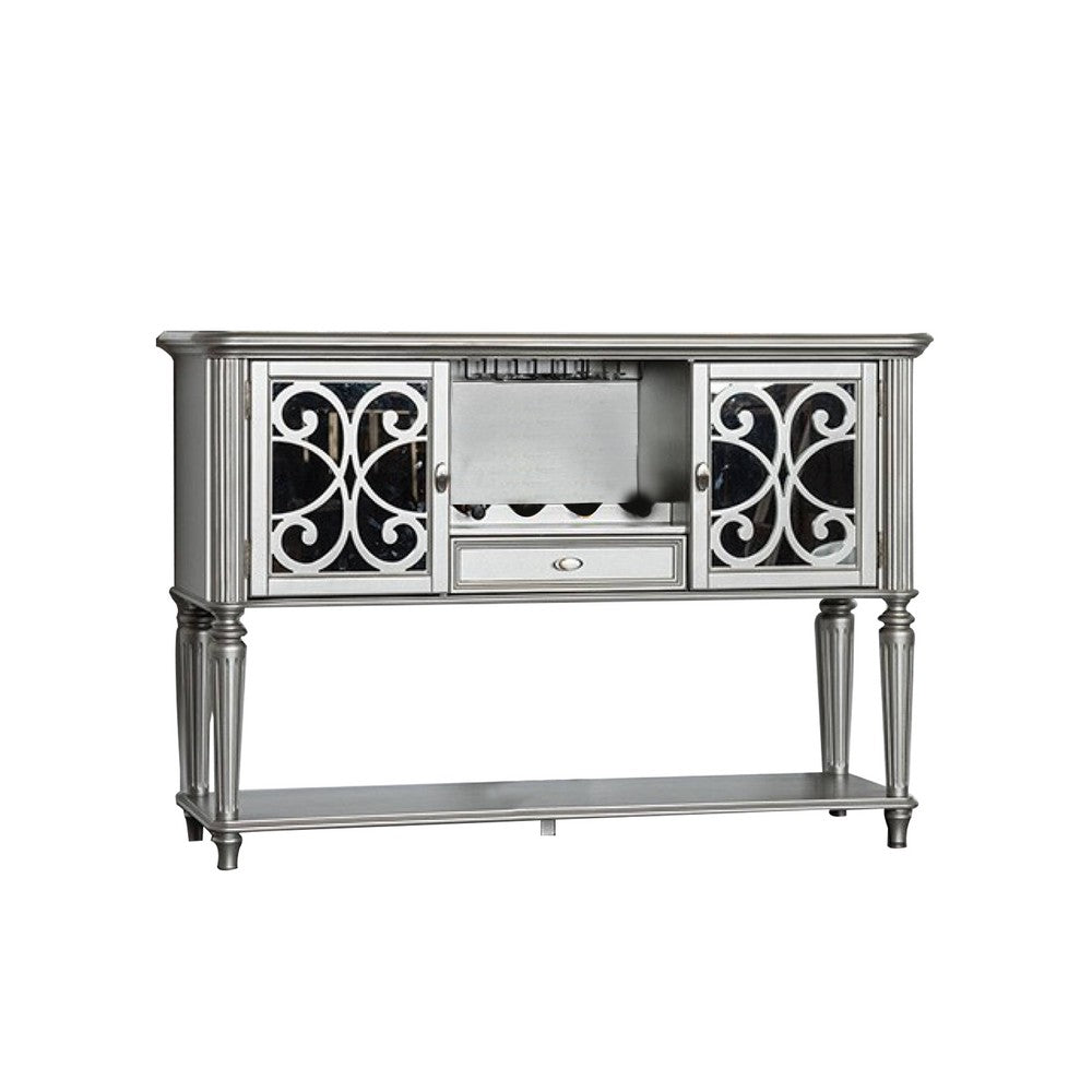 Hixe Sideboard Buffet w Wine Rack, Silver Wood, Fluted Legs, 60 Inch - BM339368