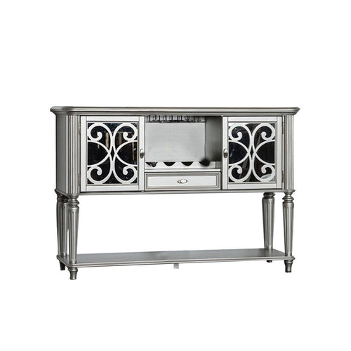 Hixe Sideboard Buffet w Wine Rack, Silver Wood, Fluted Legs, 60 Inch - BM339368