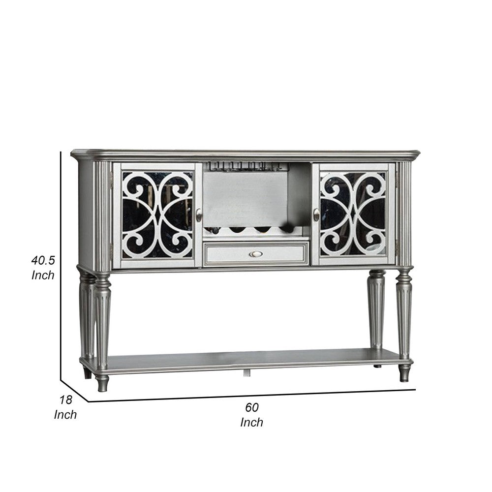 Hixe Sideboard Buffet w Wine Rack, Silver Wood, Fluted Legs, 60 Inch - BM339368