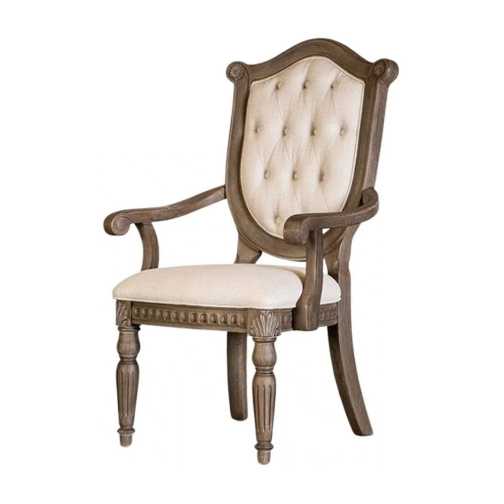 Hama Dining Armchair Set of 2, Weathered Oak Wood, Tufted Beige Fabric - BM339370