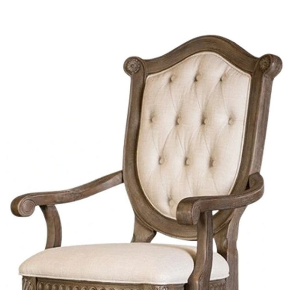 Hama Dining Armchair Set of 2, Weathered Oak Wood, Tufted Beige Fabric - BM339370