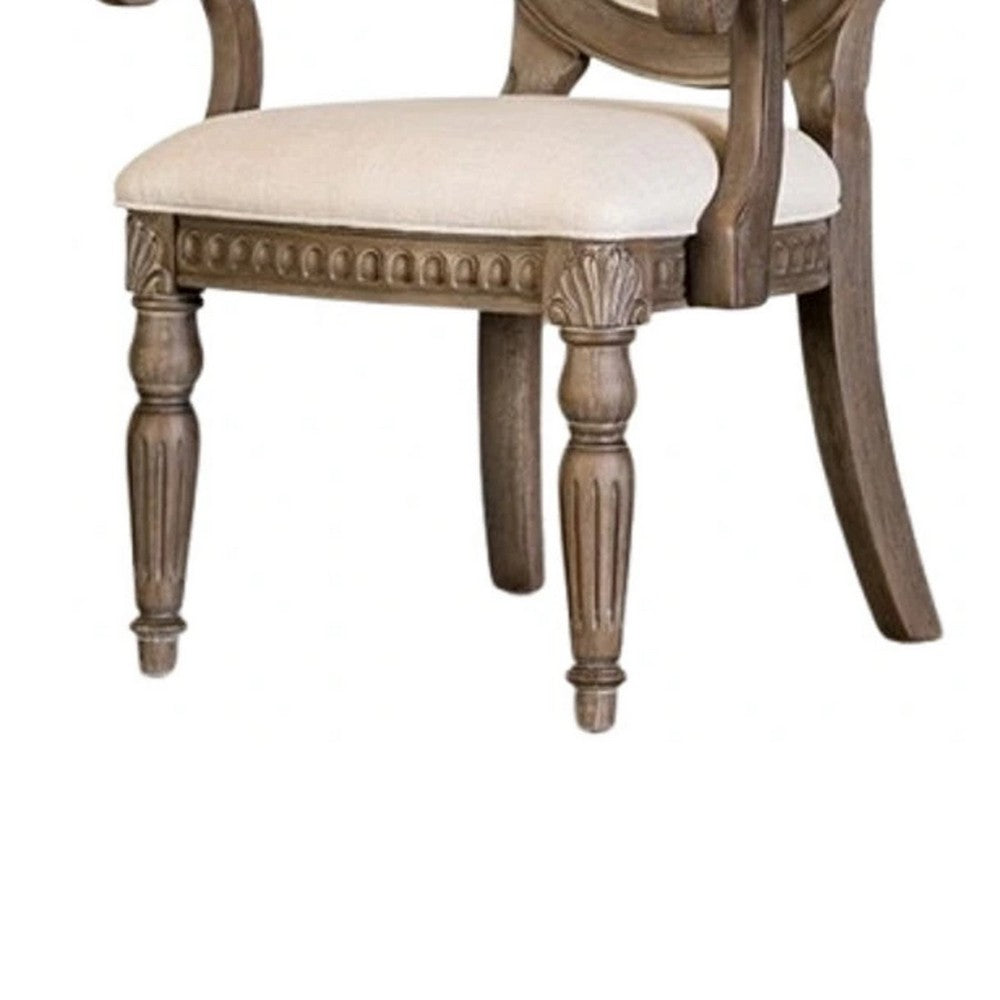 Hama Dining Armchair Set of 2, Weathered Oak Wood, Tufted Beige Fabric - BM339370