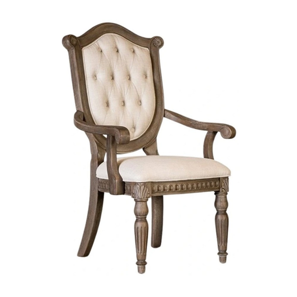 Hama Dining Armchair Set of 2, Weathered Oak Wood, Tufted Beige Fabric - BM339370