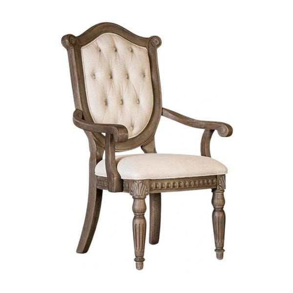 Hama Dining Armchair Set of 2, Weathered Oak Wood, Tufted Beige Fabric - BM339370