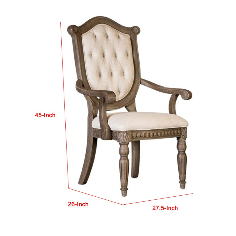 Hama Dining Armchair Set of 2, Weathered Oak Wood, Tufted Beige Fabric - BM339370
