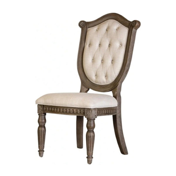 Hama Side Dining Chair Set of 2, Weathered Oak Wood, Tufted Beige Fabric - BM339371