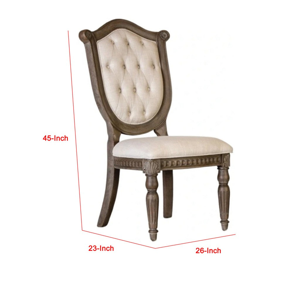 Hama Side Dining Chair Set of 2, Weathered Oak Wood, Tufted Beige Fabric - BM339371