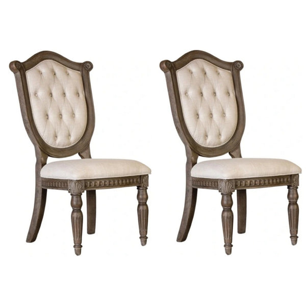Hama Side Dining Chair Set of 2, Weathered Oak Wood, Tufted Beige Fabric - BM339371