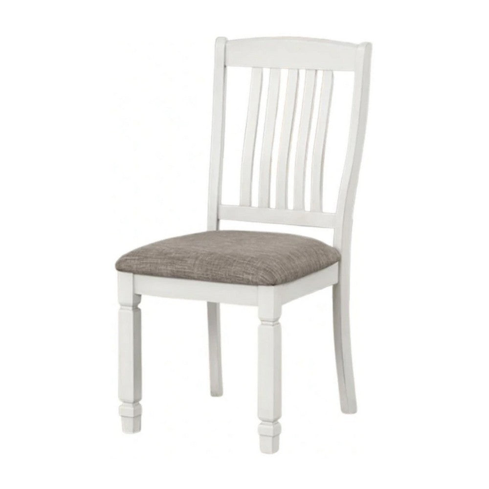 Dola Side Dining Chair Set of 2, Rustic White Wood, Gray Fabric, Slat Back - BM339372
