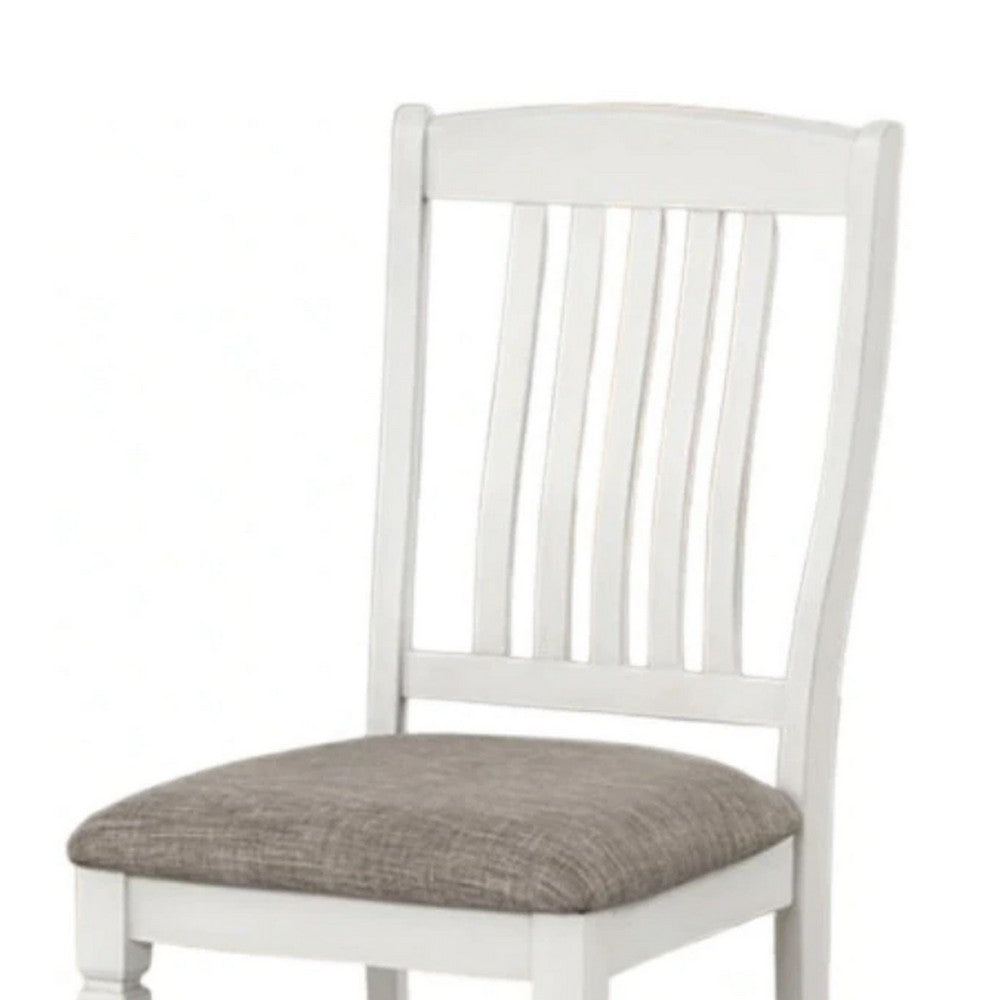 Dola Side Dining Chair Set of 2, Rustic White Wood, Gray Fabric, Slat Back - BM339372