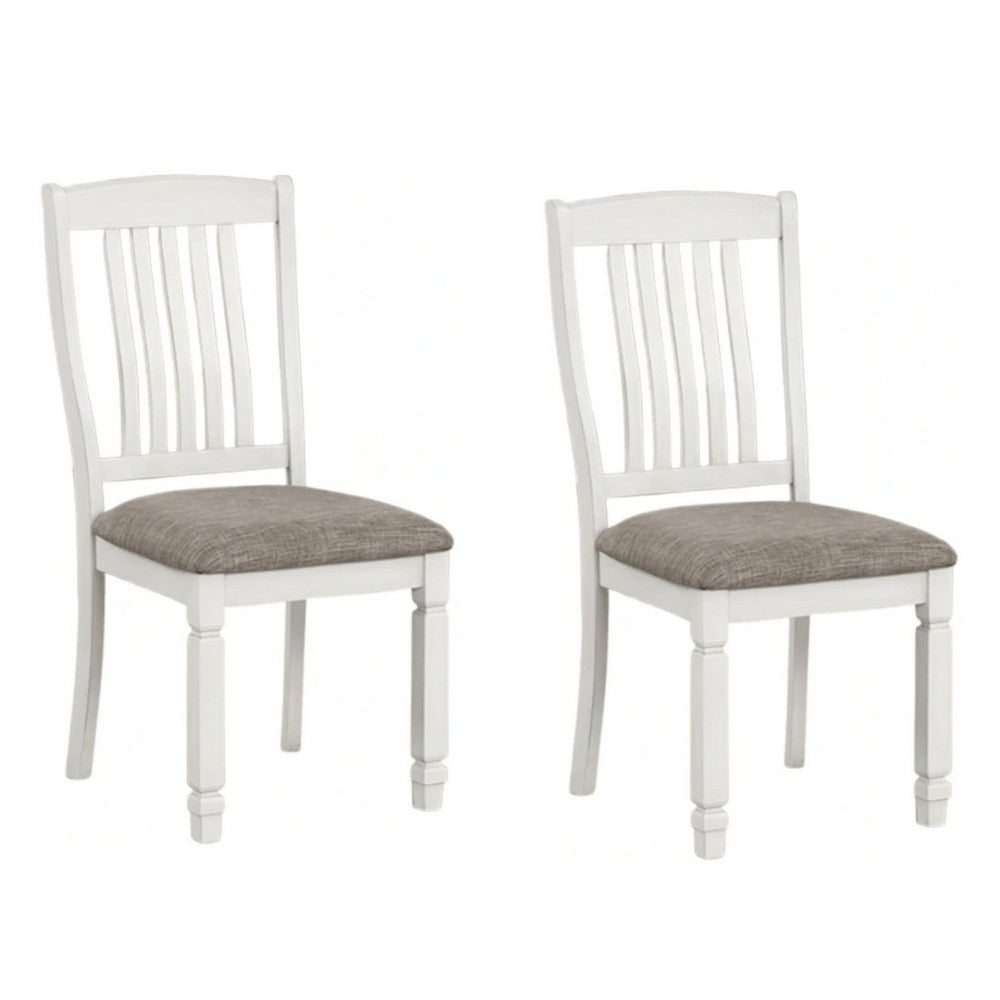 Dola Side Dining Chair Set of 2, Rustic White Wood, Gray Fabric, Slat Back - BM339372