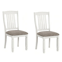 Dola Side Dining Chair Set of 2, Rustic White Wood, Gray Fabric, Slat Back - BM339372