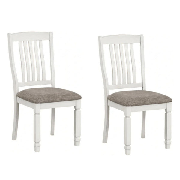 Dola Side Dining Chair Set of 2, Rustic White Wood, Gray Fabric, Slat Back - BM339372