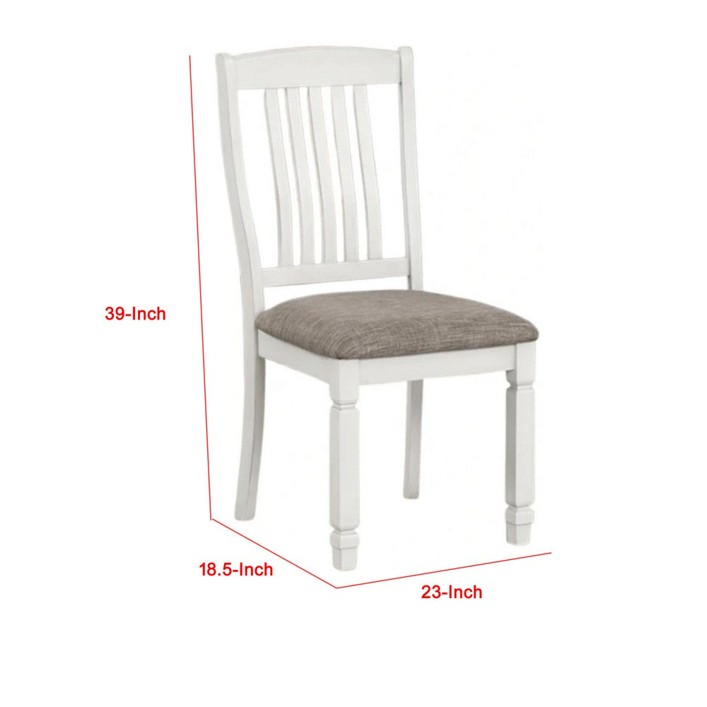 Dola Side Dining Chair Set of 2, Rustic White Wood, Gray Fabric, Slat Back - BM339372
