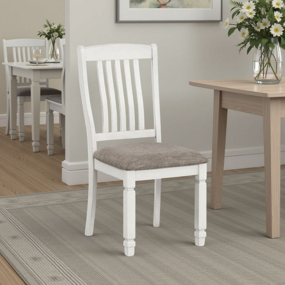 Dola Side Dining Chair Set of 2, Rustic White Wood, Gray Fabric, Slat Back - BM339372