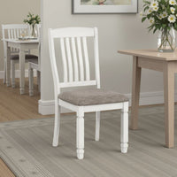 Dola Side Dining Chair Set of 2, Rustic White Wood, Gray Fabric, Slat Back - BM339372