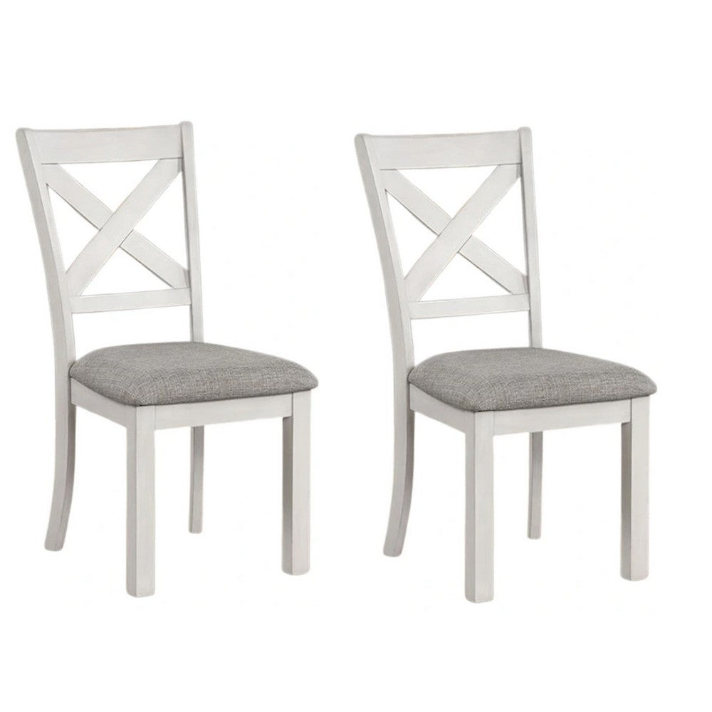 Rone Side Dining Chair Set of 2, Rustic White Rubberwood, Gray Fabric - BM339374