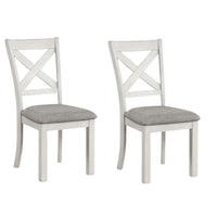 Rone Side Dining Chair Set of 2, Rustic White Rubberwood, Gray Fabric - BM339374