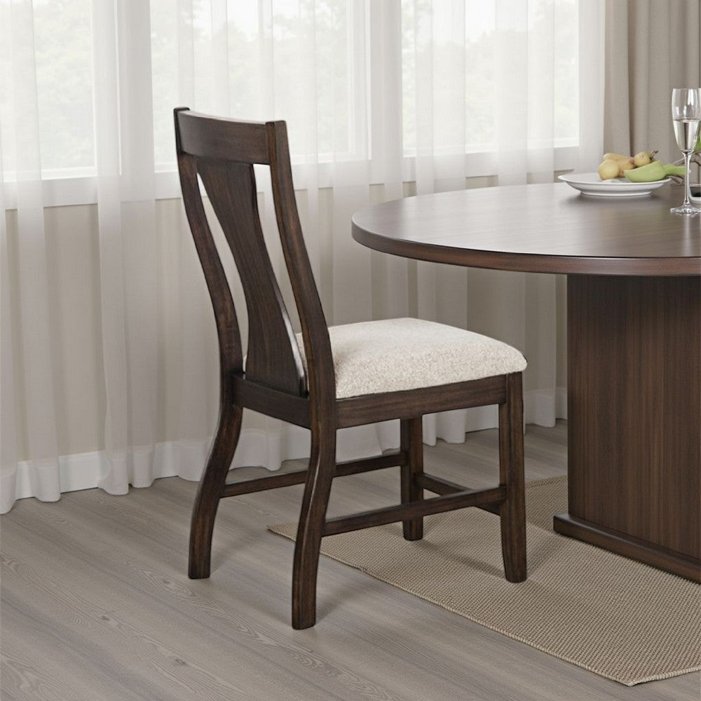 Hols Side Dining Chair Set of 2, Espresso Brown Wood Slatted Back, White Fabric - BM339381