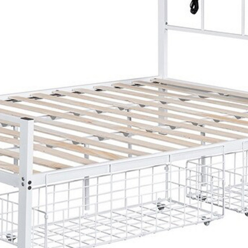 Nix Queen Size Bed w Underbed Storage, Slatted White Metal Headboard - BM339385