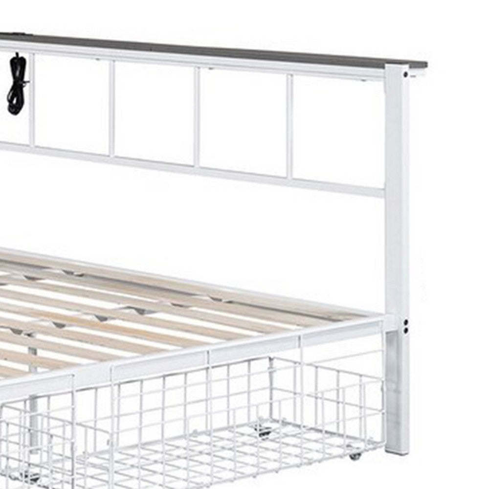 Nix Queen Size Bed w Underbed Storage, Slatted White Metal Headboard - BM339385
