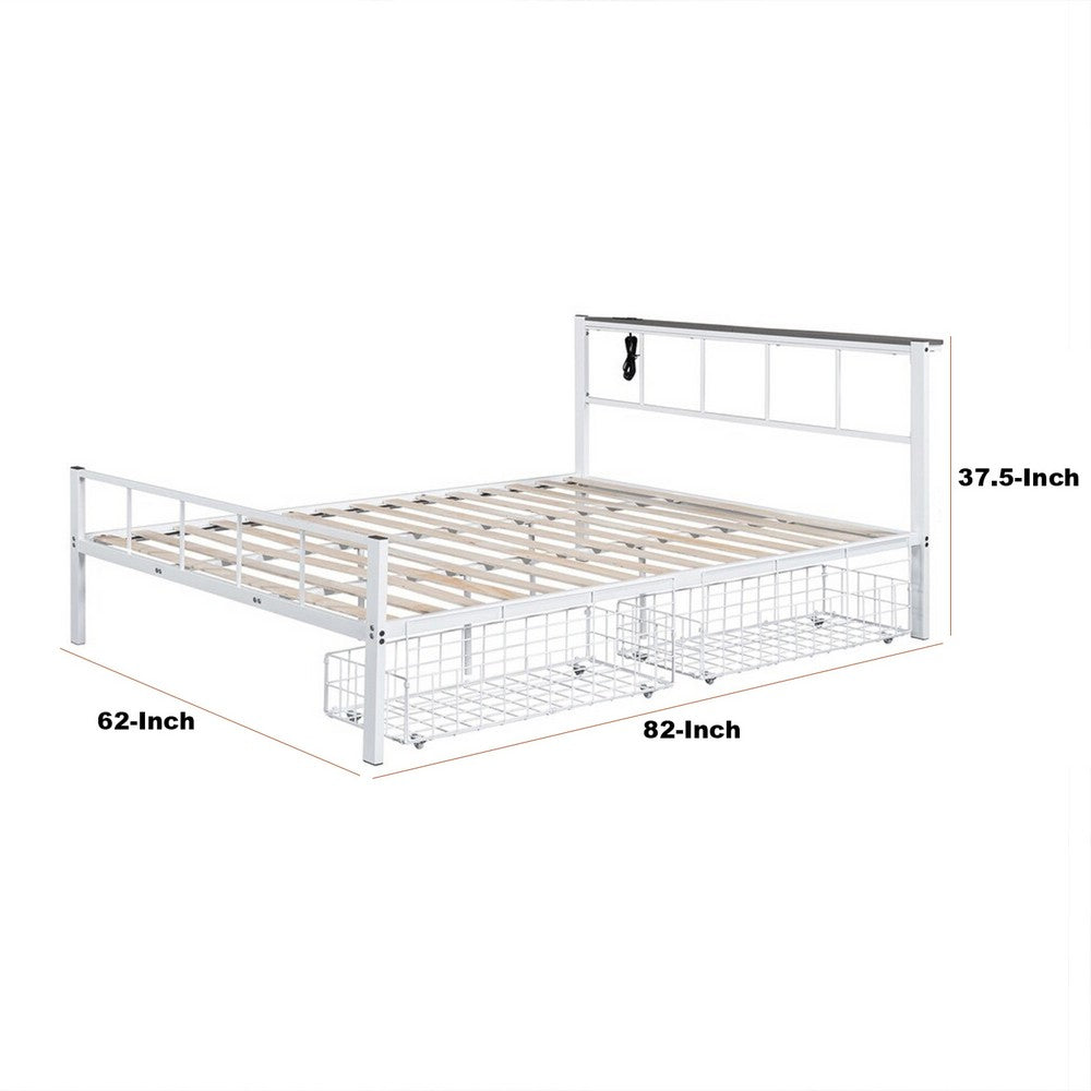 Nix Queen Size Bed w Underbed Storage, Slatted White Metal Headboard - BM339385