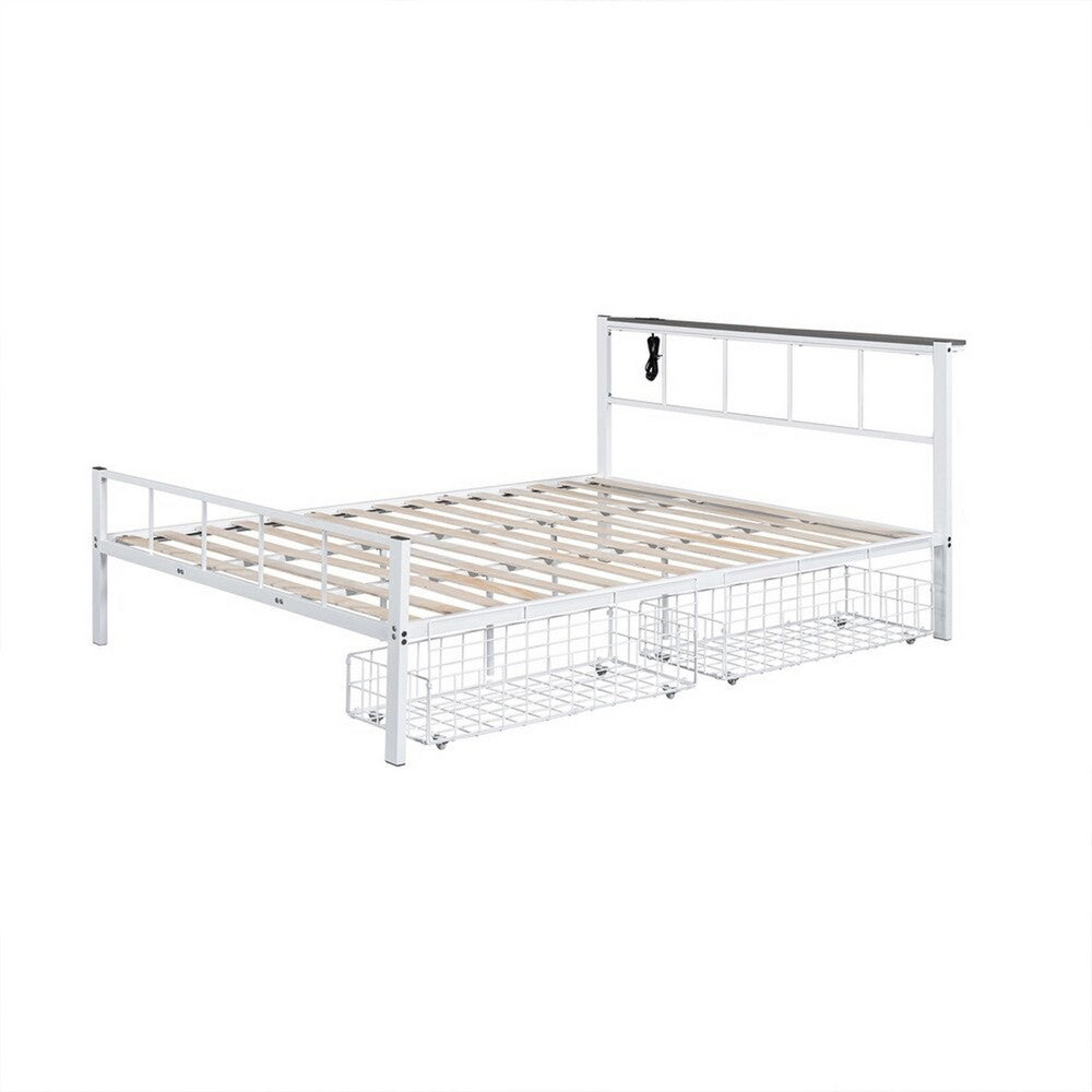 Nix Queen Size Bed w Underbed Storage, Slatted White Metal Headboard - BM339385