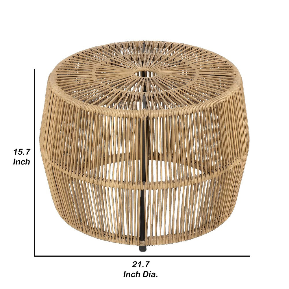 Zyan Outdoor Coffee Table, 22 Inch Natural Brown Rattan Wicker, Steel Frame - BM339387