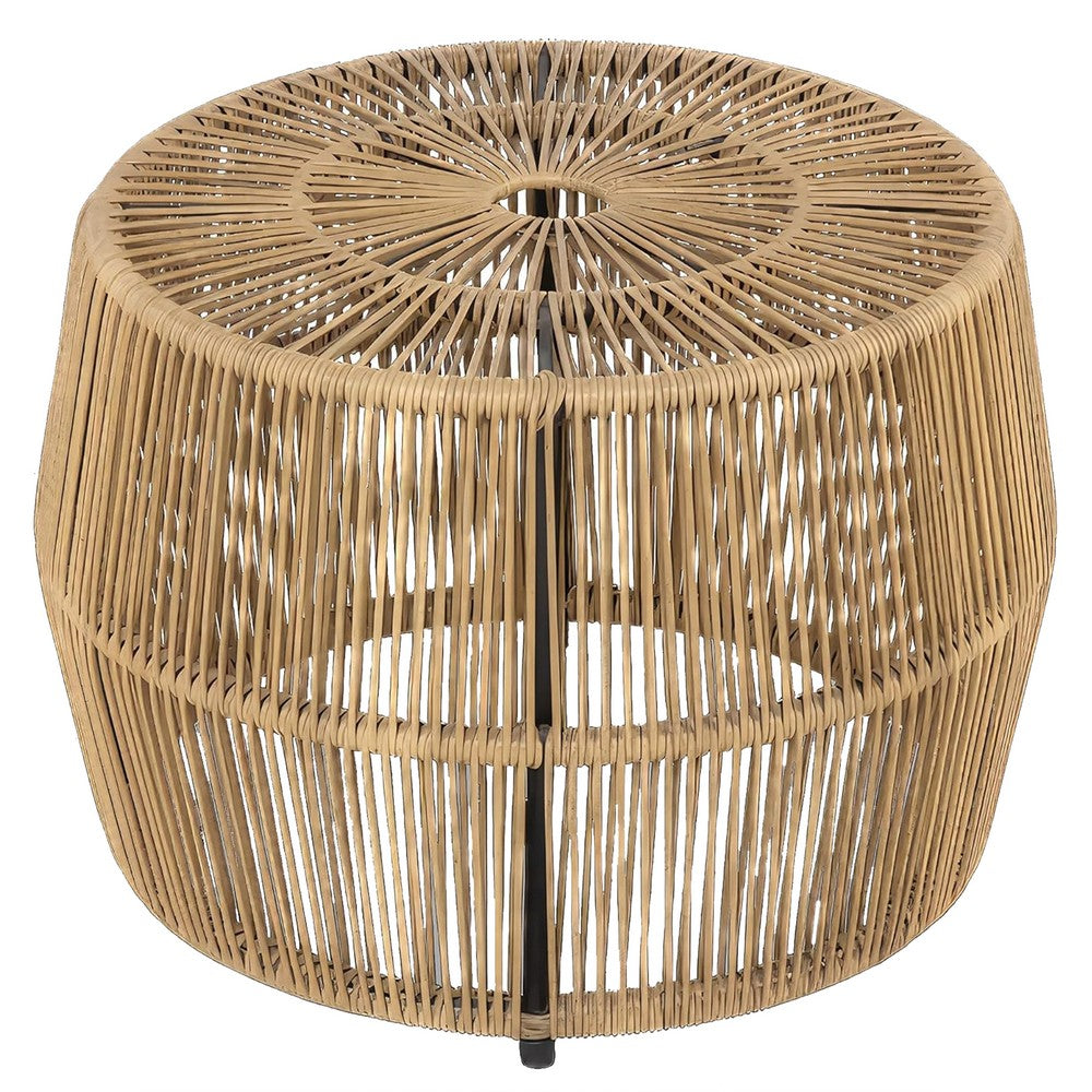 Zyan Outdoor Coffee Table, 22 Inch Natural Brown Rattan Wicker, Steel Frame - BM339387