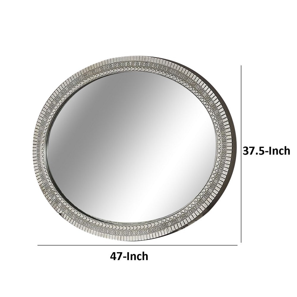 Vayn Oval Dresser Mirror, 47 Inch Champagne Silver Decorative Pattern - BM339397