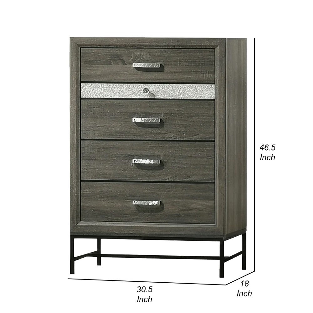 Lito Tall Dresser Chest, 4 Drawers w 1 Jewelry Tray, Glam Silver, Gray - BM339403