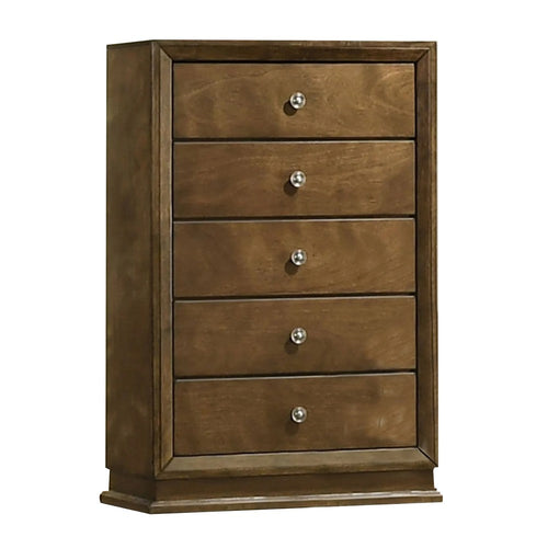 Rouk 5 Drawer Tall Dresser Chest, Transitional, Walnut Brown Solid Wood - BM339406