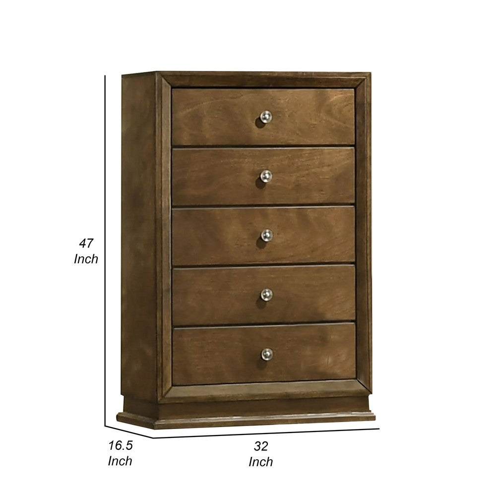 Rouk 5 Drawer Tall Dresser Chest, Transitional, Walnut Brown Solid Wood - BM339406