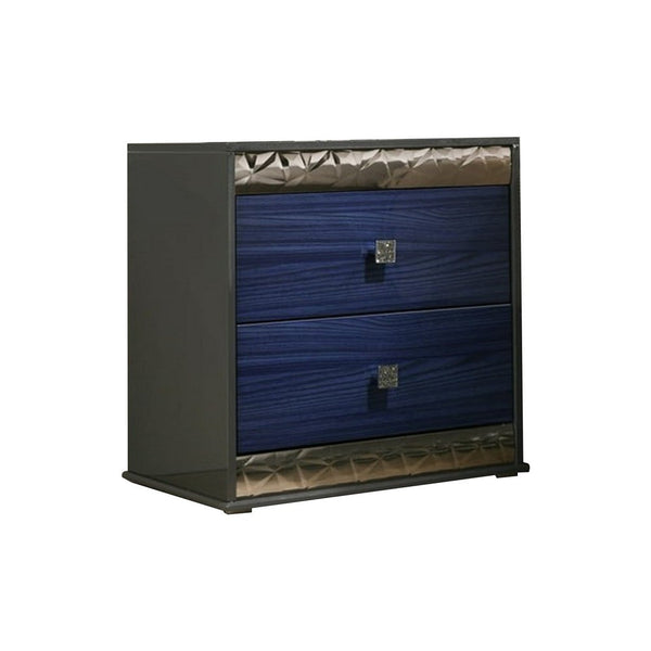 Zara Nightstand w 2 Drawers, Crystal Knobs, Ash Gray, Indigo Blue Wood - BM339419