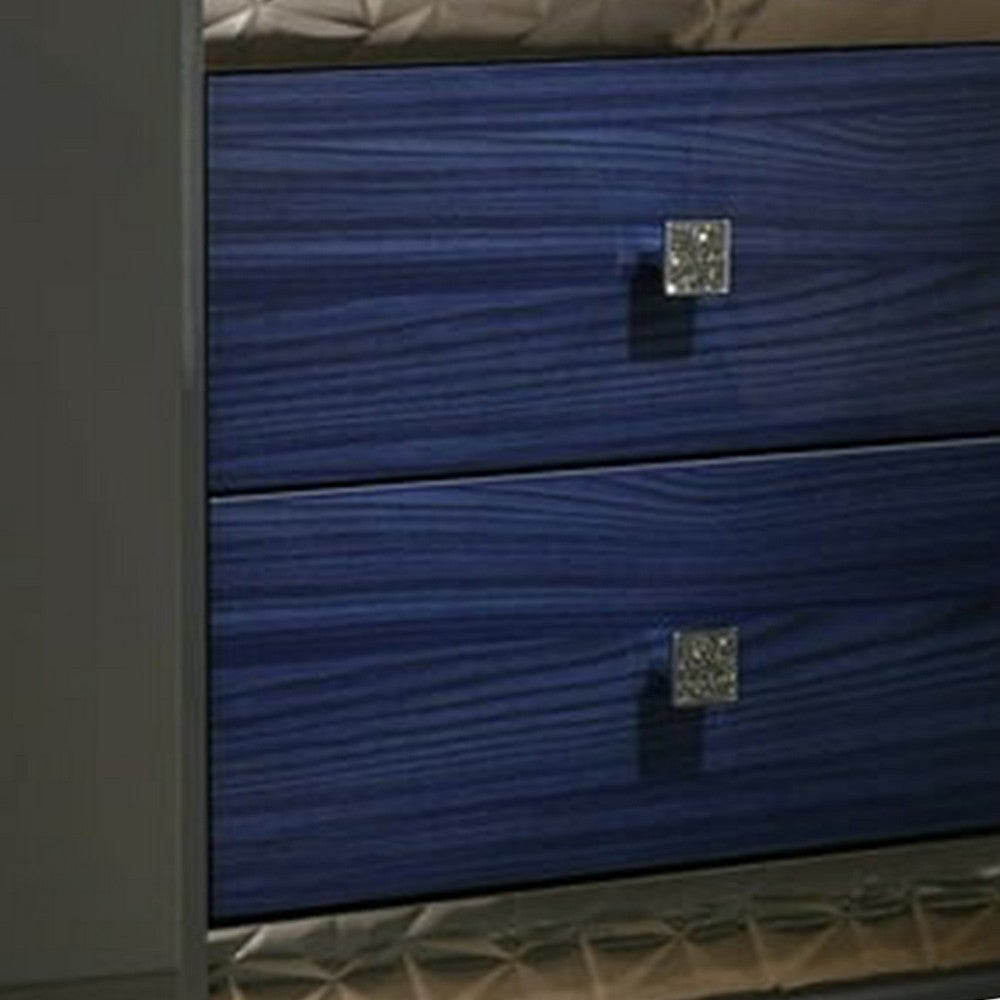 Zara Nightstand w 2 Drawers, Crystal Knobs, Ash Gray, Indigo Blue Wood - BM339419