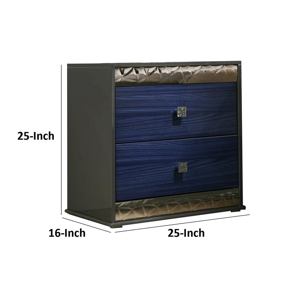 Zara Nightstand w 2 Drawers, Crystal Knobs, Ash Gray, Indigo Blue Wood - BM339419