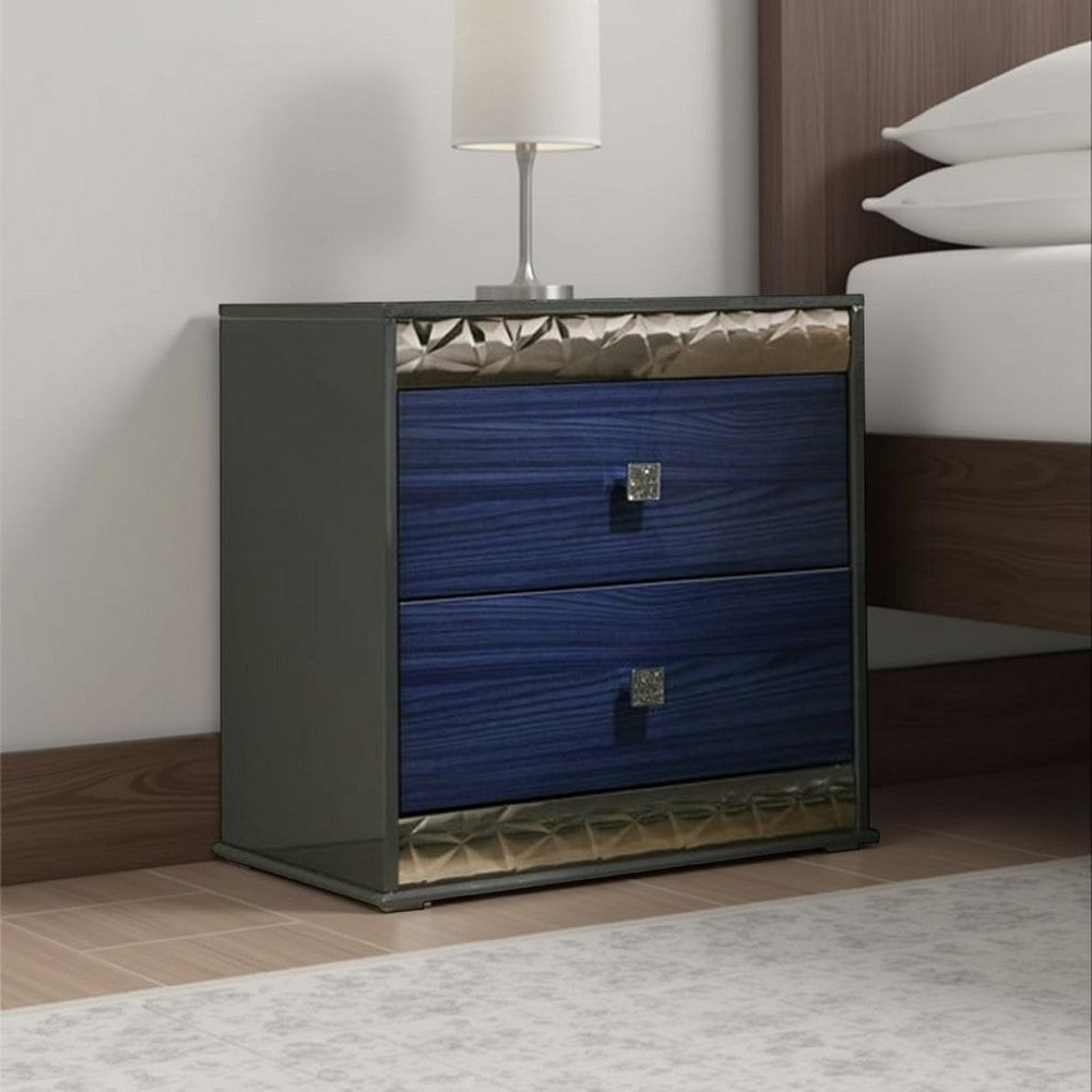 Zara Nightstand w 2 Drawers, Crystal Knobs, Ash Gray, Indigo Blue Wood - BM339419