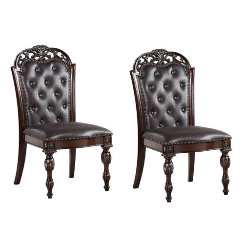 Eva Side Dining Chair Set of 2, Rivet Trim, Brown Tufted Faux Leather - BM339430