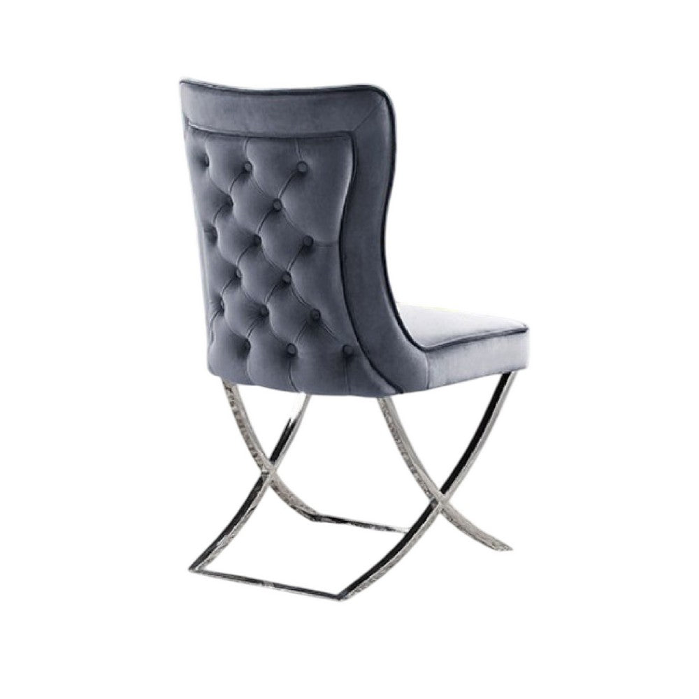 Waden Side Dining Chair Set of 2, Chrome Metal, Gray Button Tufted Velvet - BM339434