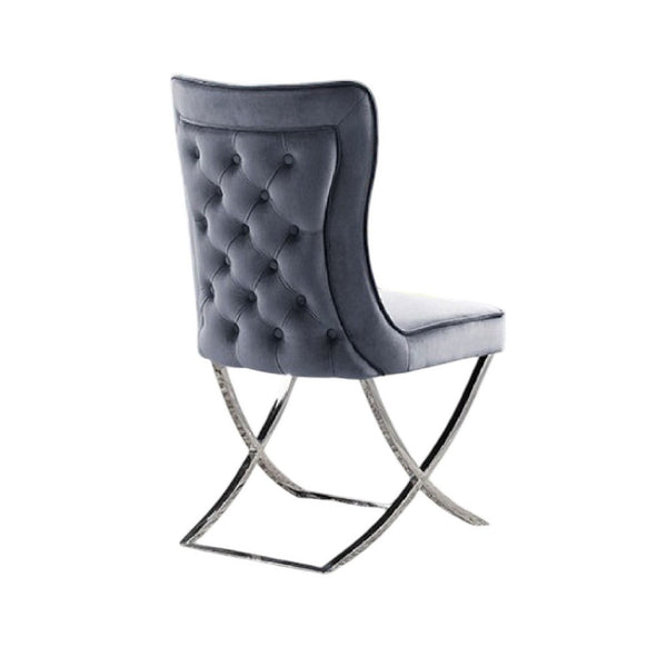 Waden Side Dining Chair Set of 2, Chrome Metal, Gray Button Tufted Velvet - BM339434