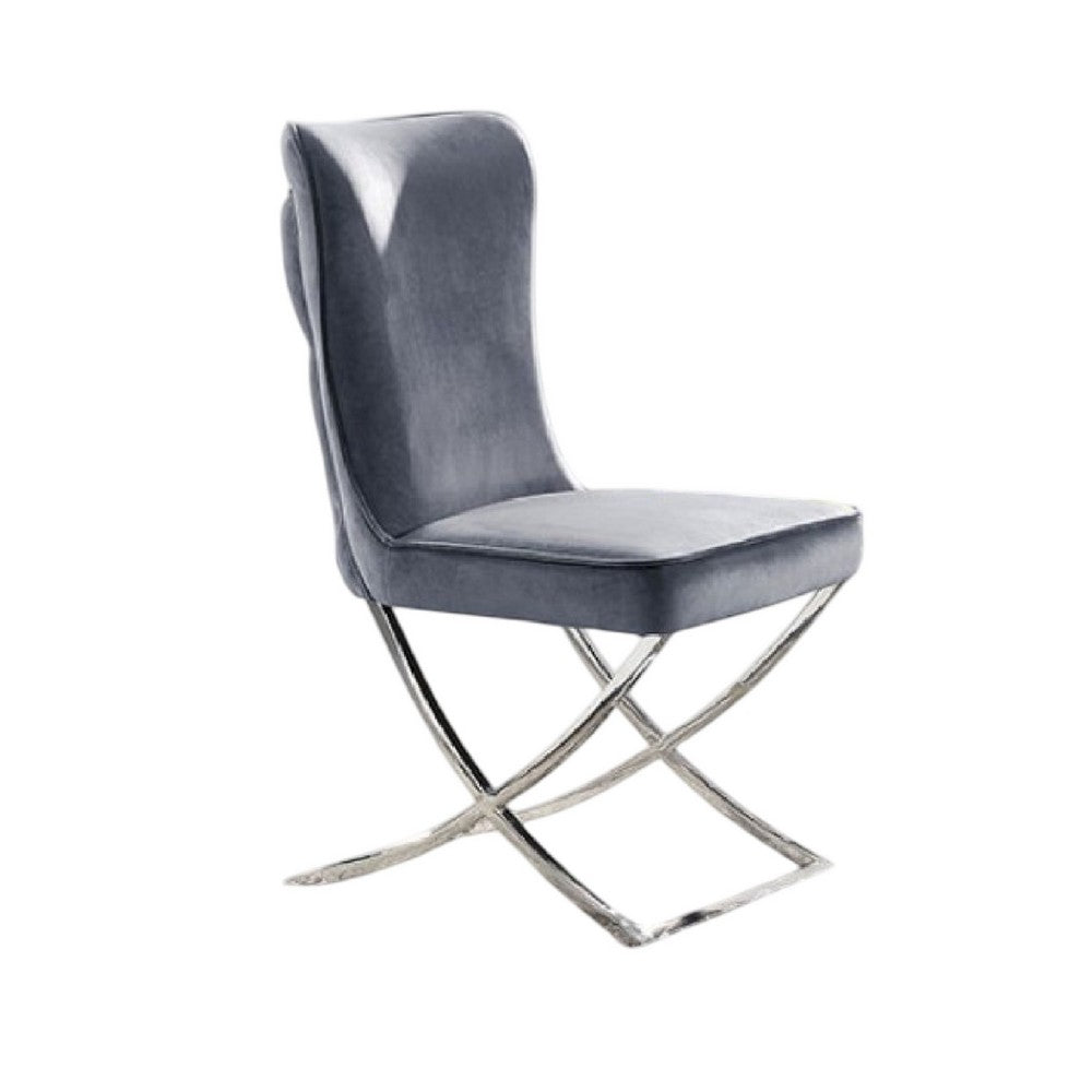 Waden Side Dining Chair Set of 2, Chrome Metal, Gray Button Tufted Velvet - BM339434