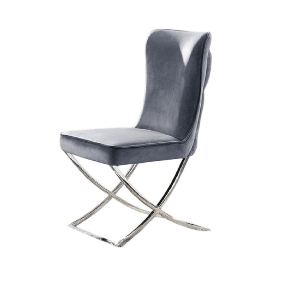 Waden Side Dining Chair Set of 2, Chrome Metal, Gray Button Tufted Velvet - BM339434