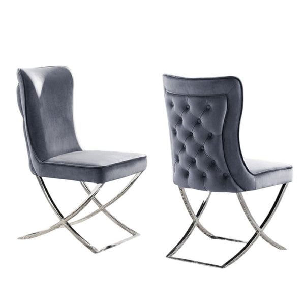 Waden Side Dining Chair Set of 2, Chrome Metal, Gray Button Tufted Velvet - BM339434