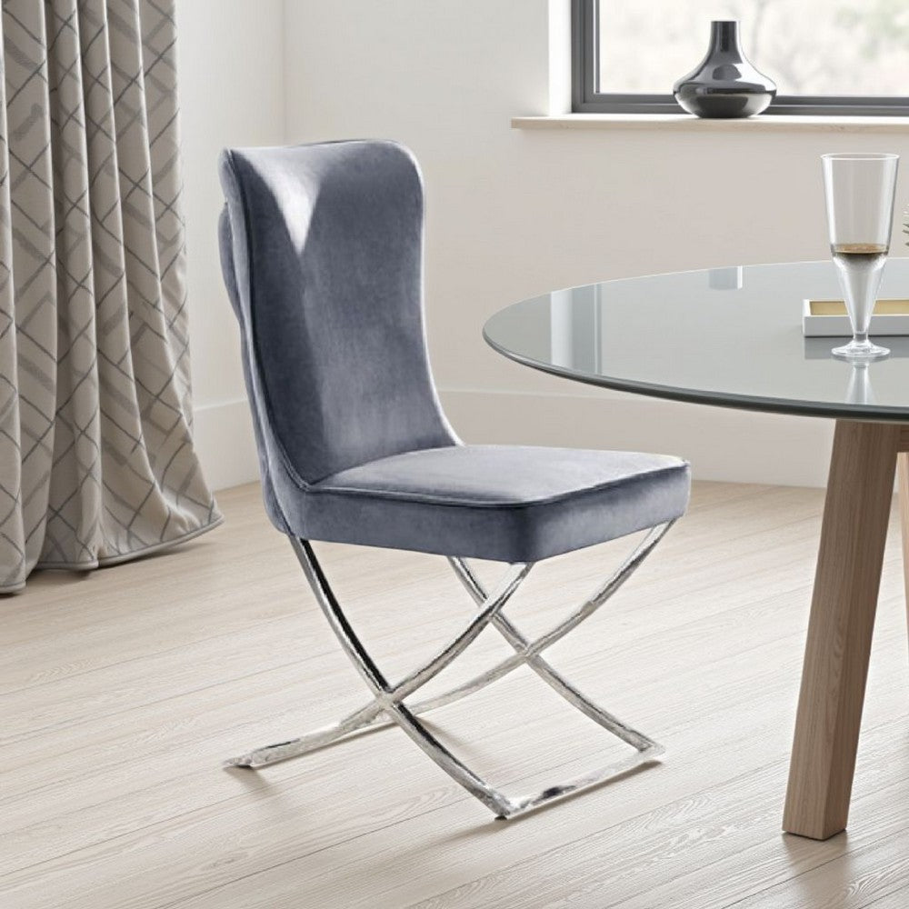 Waden Side Dining Chair Set of 2, Chrome Metal, Gray Button Tufted Velvet - BM339434