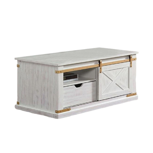 Becca Farmhouse Coffee Table, Barn Door Storage, Gold, White 48 Inch - BM339436