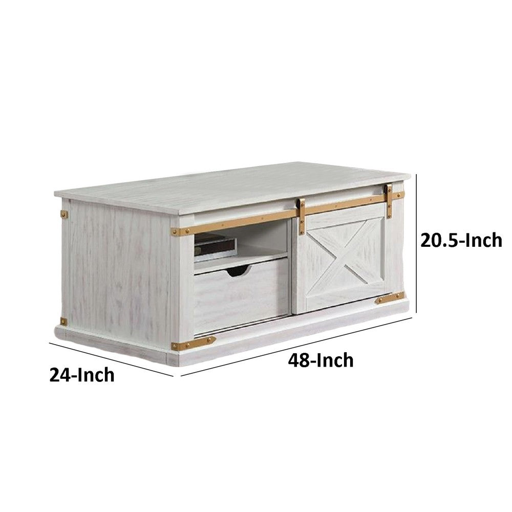 Becca Farmhouse Coffee Table, Barn Door Storage, Gold, White 48 Inch - BM339436