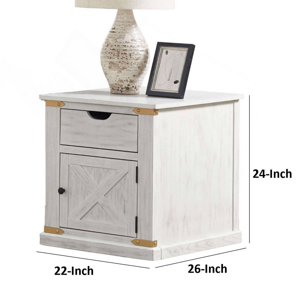 Becca Farmhouse End Table, Barn Door Storage, Gold, White 26 Inch - BM339437